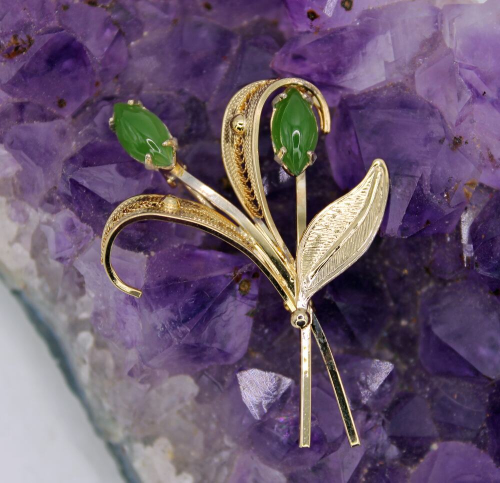 Sorrento Sterling Silver Vermeil Nephrite Jade Floral Brooch
